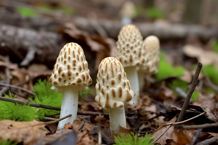 羊肚菌蘑菇在森林背景图片