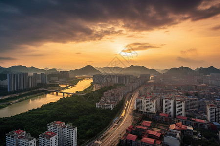 城市的河流和房子图片