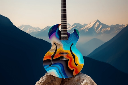 山地背景的彩色吉他背景图片