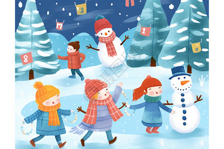 儿童与雪人一起玩耍背景图片