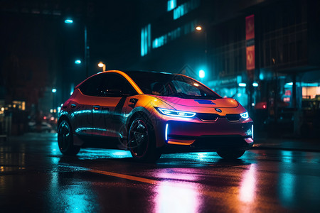 夜间城市道路上行驶的电动汽车图片