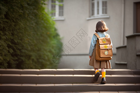 草地上女孩子背书包的小孩背景