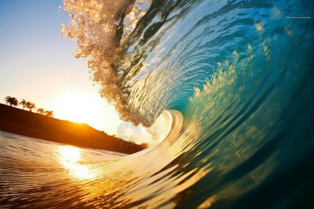 日落时分海洋中的冲浪者图片