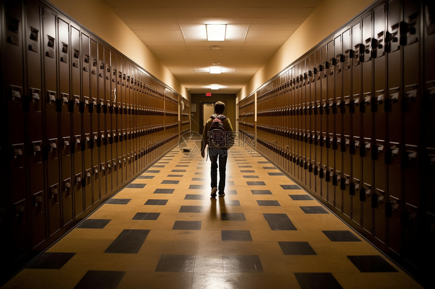 学生走过一个安静的走廊图片