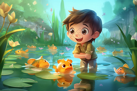 一个顽皮的男孩在池塘里抓金鱼背景图片