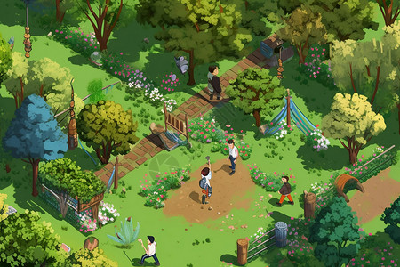 一群卡通学生在公园里种树种花背景图片