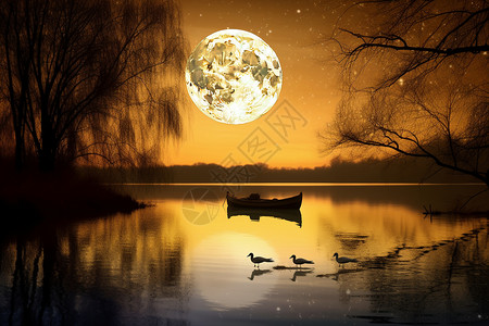 傍晚月光树木河流图片