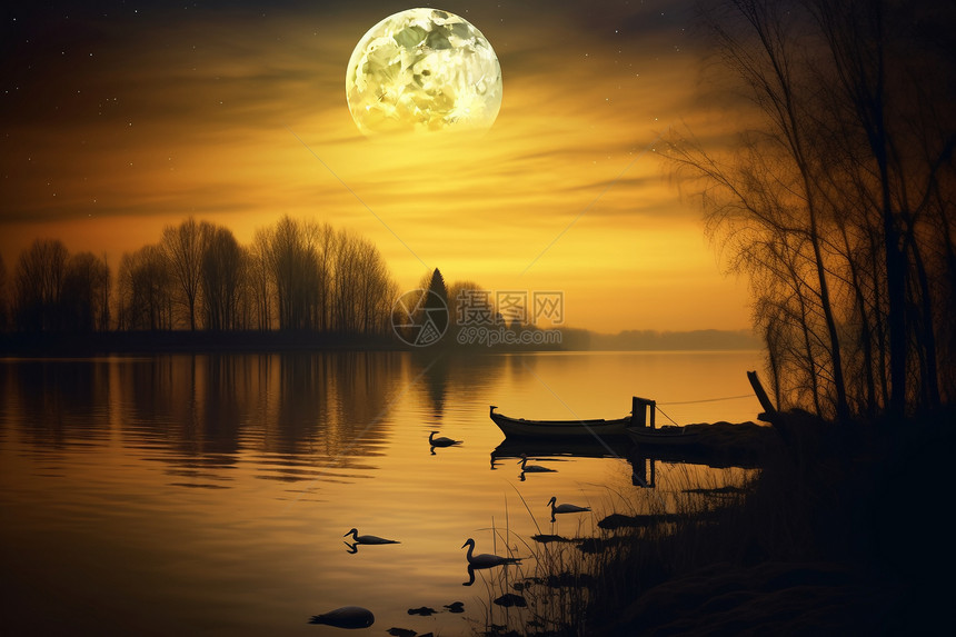日落傍晚月光树木河流图片