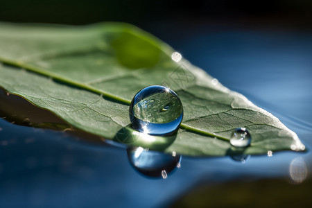 卡通星球上绿叶上的水滴特写背景