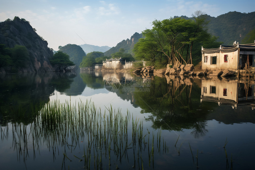 清秀小河旁的小屋图片