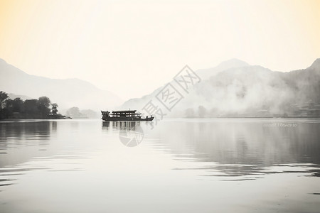 水墨风船正在湖面行驶的小船背景