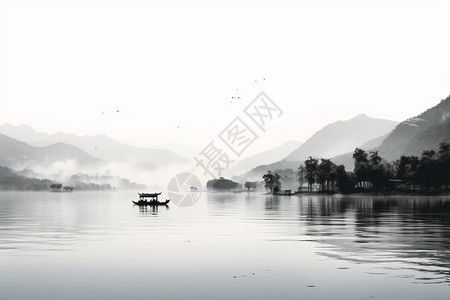 黑色复古游船中国风山水画背景