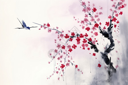 日本樱花树水墨风一棵樱花树插画