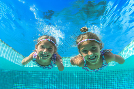 夏季儿童游泳夏季潜水的姐妹背景