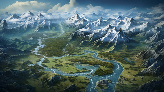 雪山河流2.5D游戏平面地图设计图片
