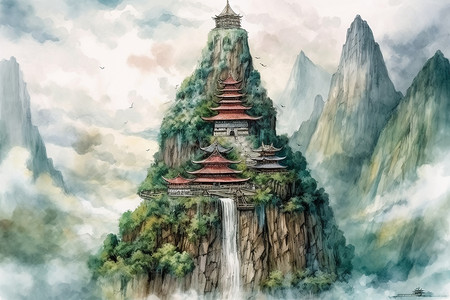 古代山中建筑背景图片