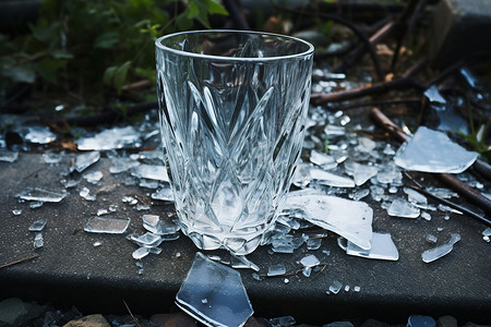 石头碎裂立在碎玻璃中的杯子背景