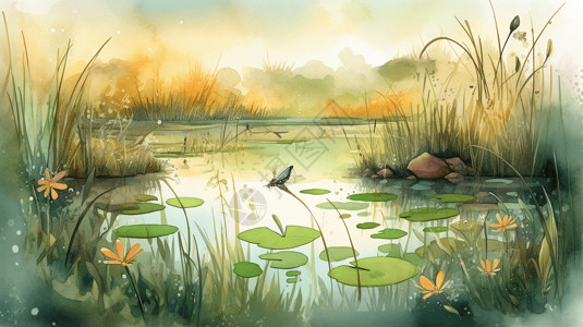 蟋蟀充满生机的池塘水彩画插画