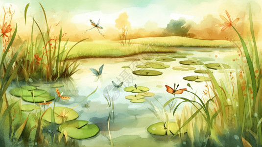 湿地荷花种植着荷花的池塘水彩画插画