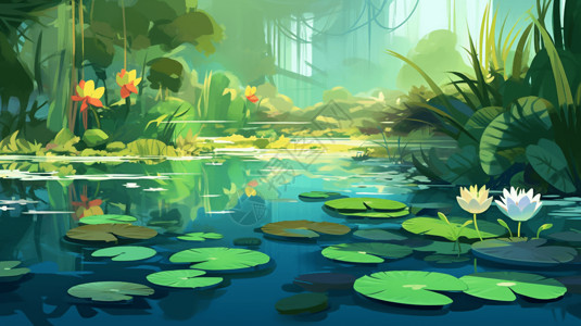 湖水绿树绿树环绕着的荷花池插画