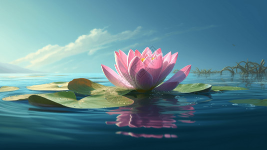 蓝湖水蓝天下盛开的莲花插画