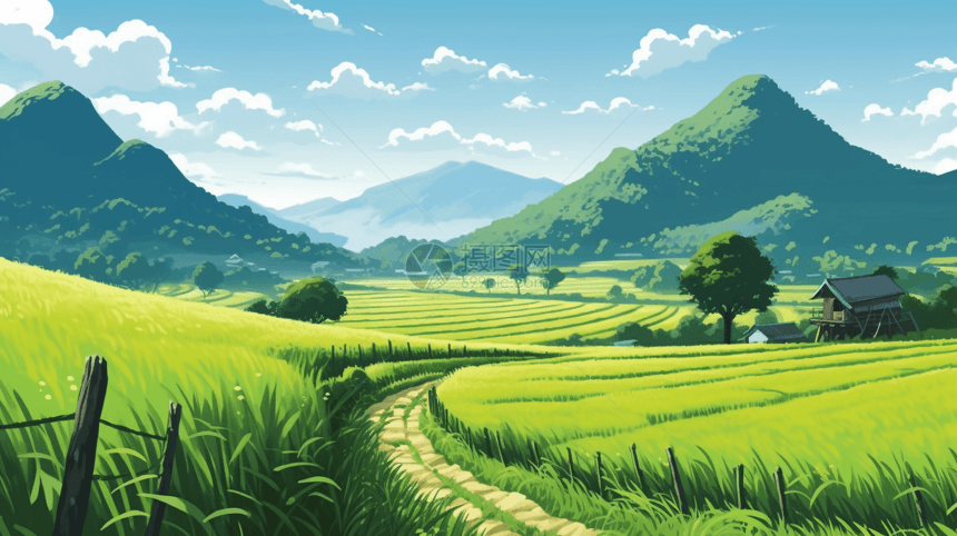 晴朗天空下的稻田图片