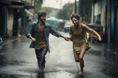 雨中道路上跳舞的人图片