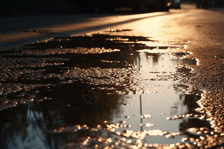 日落下照射的路边水坑图片