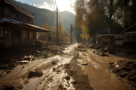 山区房屋灾害破坏的道路和房屋背景