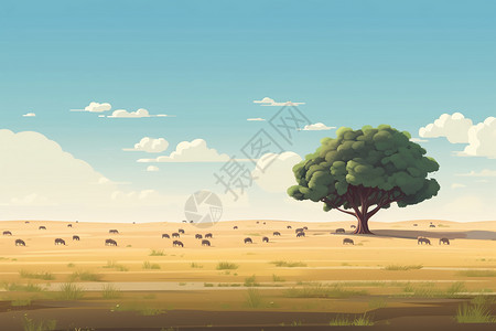 广阔而平坦的平原有一棵单树和一群羊在远处吃草图片