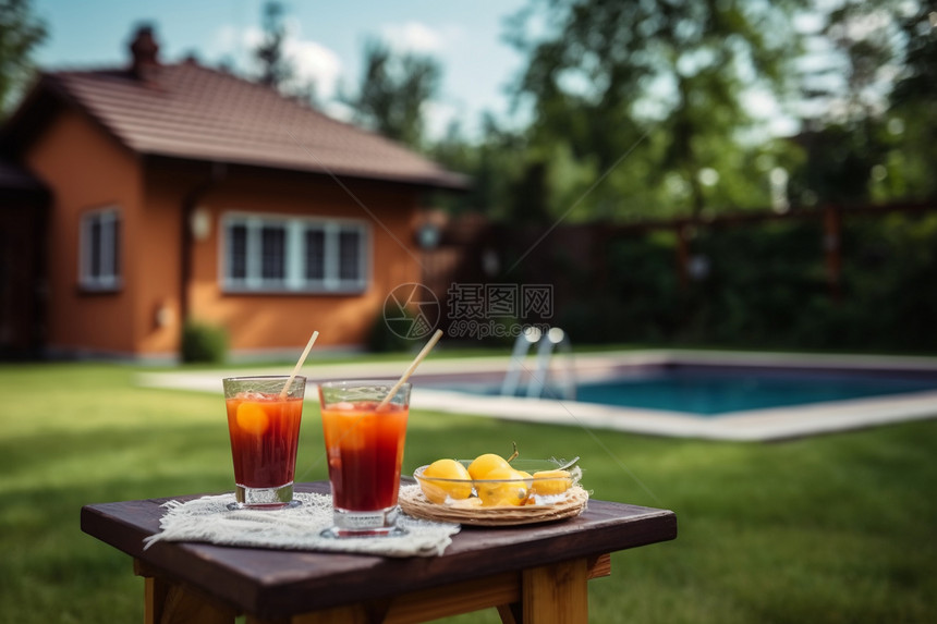 度假别墅的泳池和饮料图片