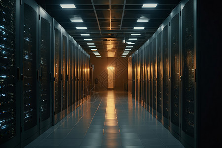 大型数据中心机房背景中有成排的服务器和闪烁的指示灯图片