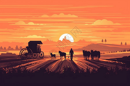 夕阳下货车农民一起耕种田地插画