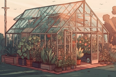种植各种草药和香料的温室的插图图片