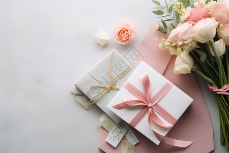 康乃馨和白色的礼物盒背景图片