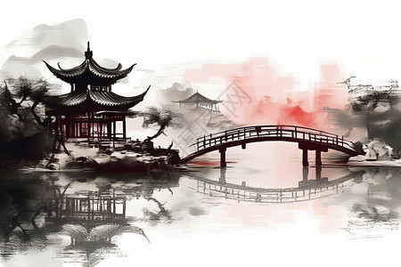 水墨中国桥梁和凉亭背景图片