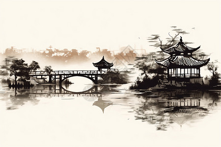 中国桥梁和凉亭水墨插画图片