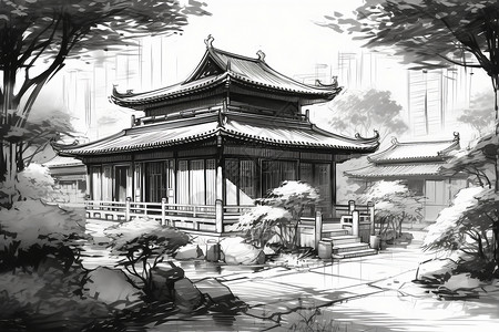 传统中国古建筑水墨插画图片