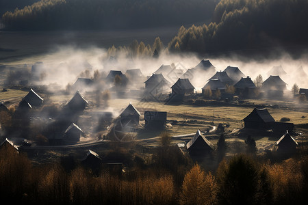 晨雾中的村庄图片