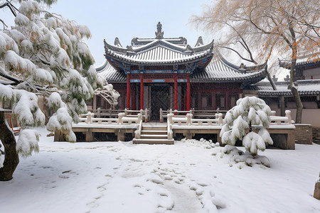 古典园林雪景背景图片