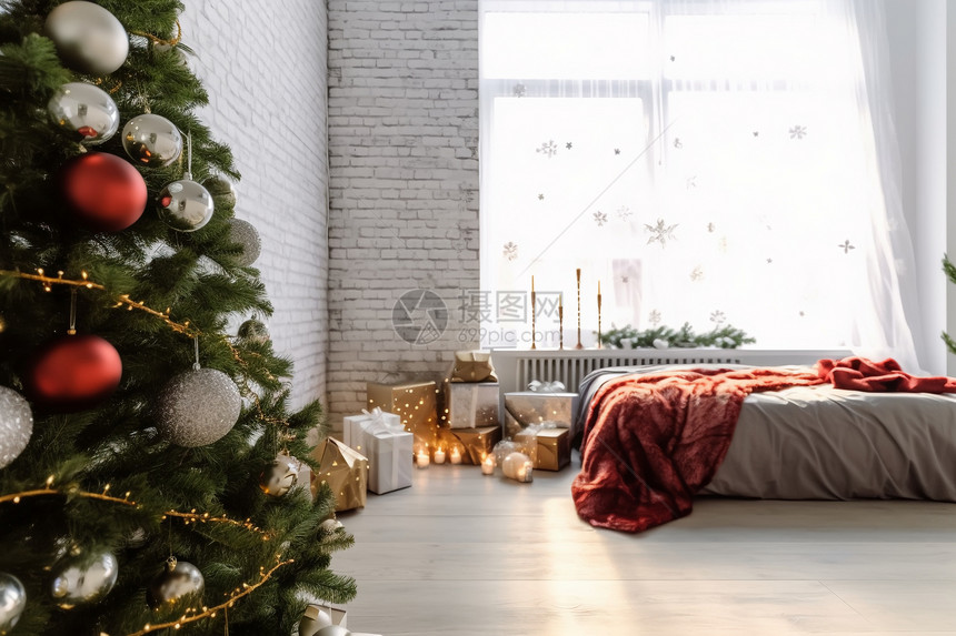 圣诞树装饰的卧室图片