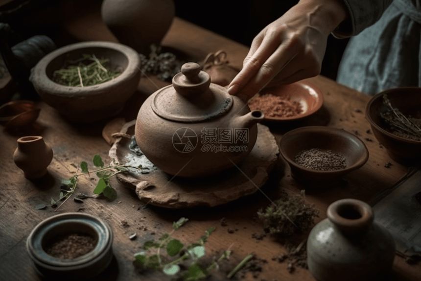 传统的草药凉茶的茶壶图片