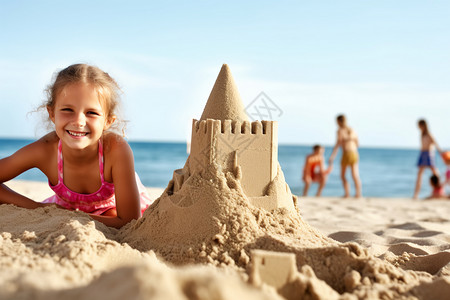 沙滩城堡插画沙滩上玩耍的孩子背景