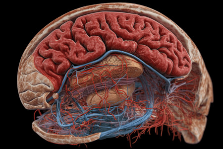 大脑血管有肿瘤的大脑的横截面插画