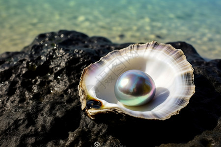 海洋珠宝素材石头上贝壳里的珍珠背景