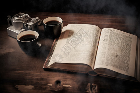 桌上的咖啡和书籍图片
