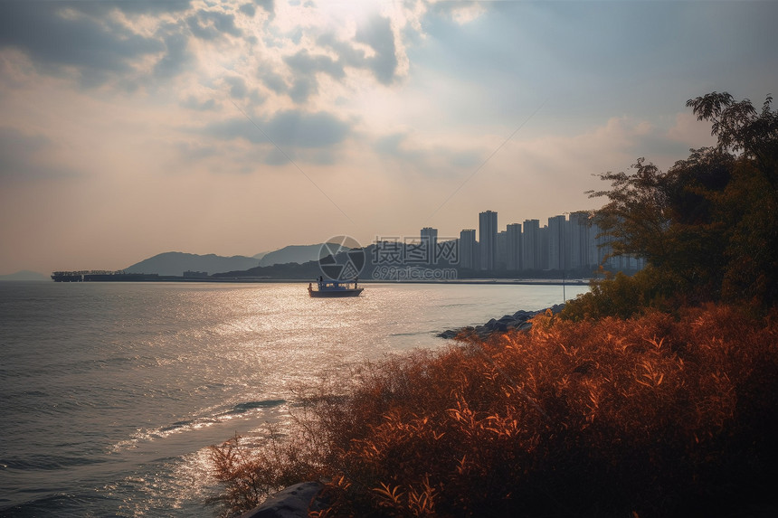 秋天沿海城市的自然景观图片