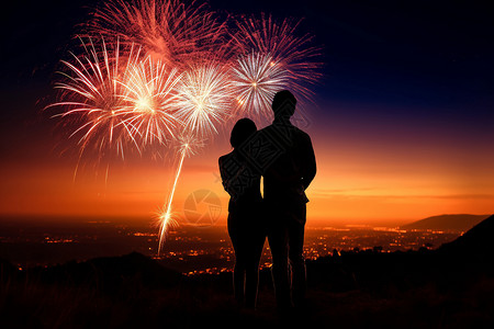 情侣新年素材晚上在山上看烟花的夫妇背景