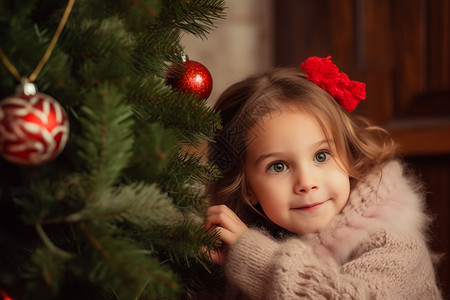 依在圣诞树旁的可爱女孩图片