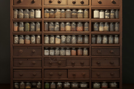 调料柜摆放各种药瓶的药柜背景